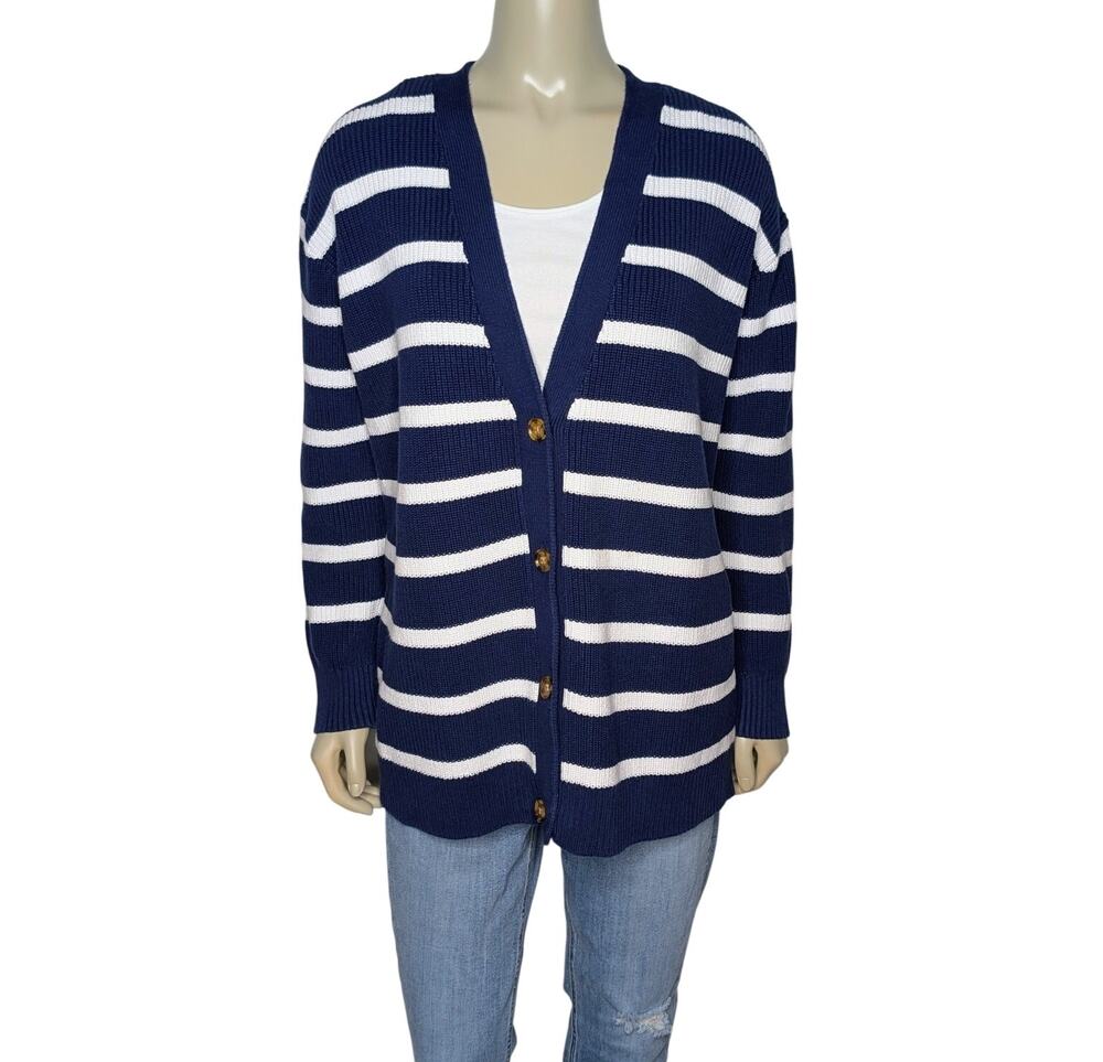 Lands' End Womens Drifter Cardigan Medium Navy White Striped 100% Cotton Sweater